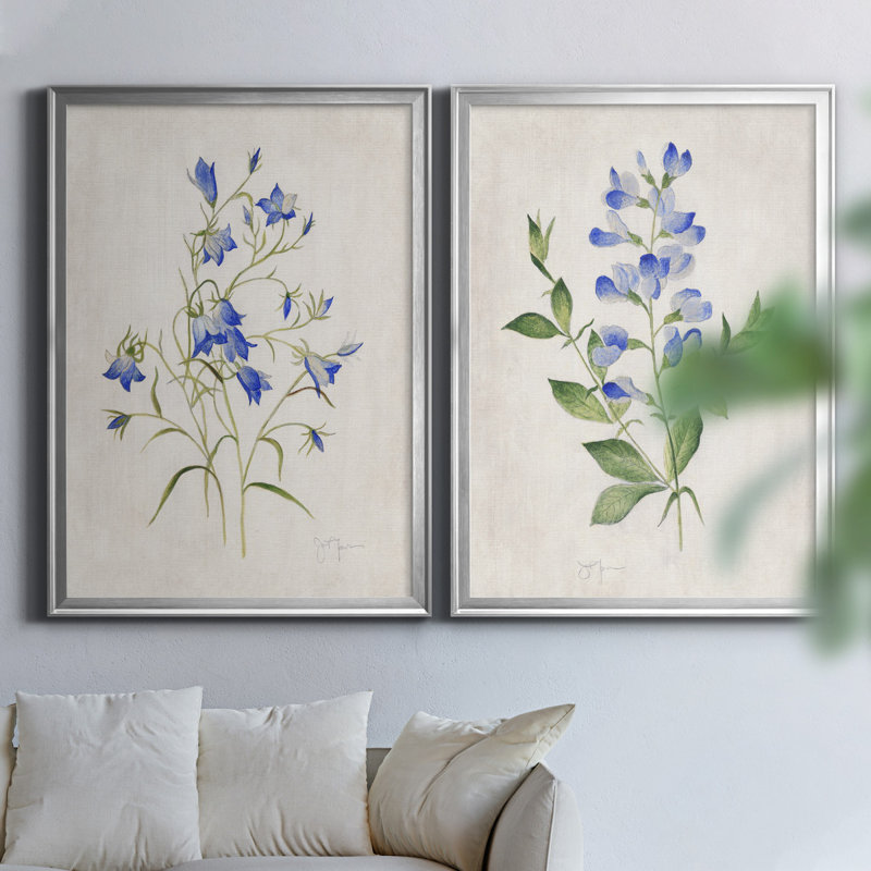 «Blue Botanical I», ensemble de 2 reproductions d'art, H 22,5 po x l 61 po x P 1,5 po, Toile encadrée argentée, Pas de tapis