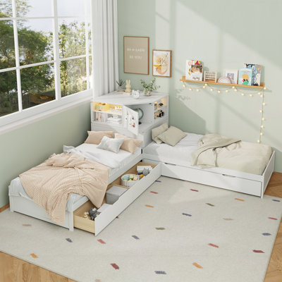 3-In-1 Low Corner Platform Bed Linked With Built-In Desk And Led Downlight
