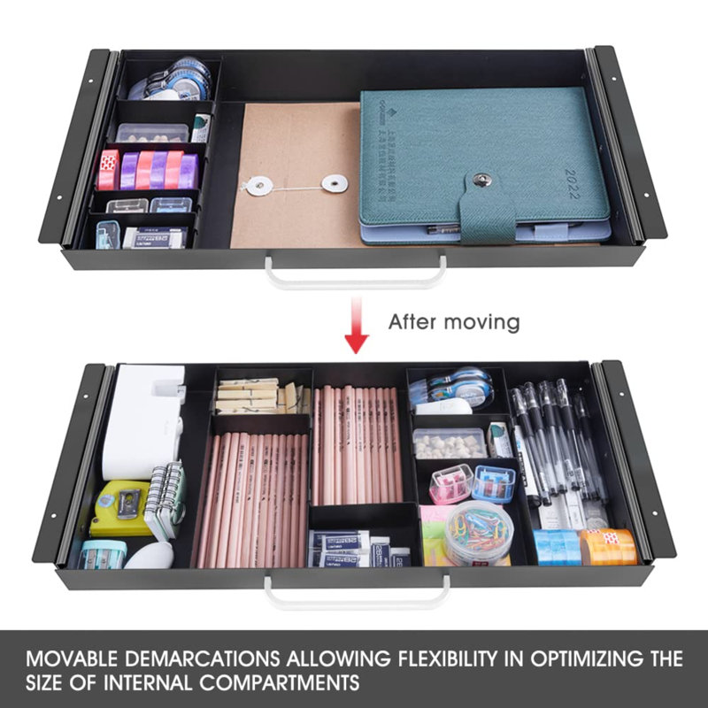 Large Size Under Desk Slide Out Pencil Drawer With Adjustable Space Divider Design For Storing Pencil And Office Accessories, Underdesk Pull Out Tray Organizer Mounted For Sit Stand Workstation