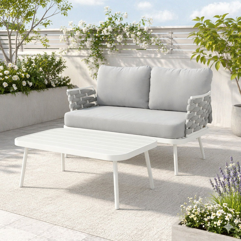 Causeuse et table en acier, Blanc cassé + gris