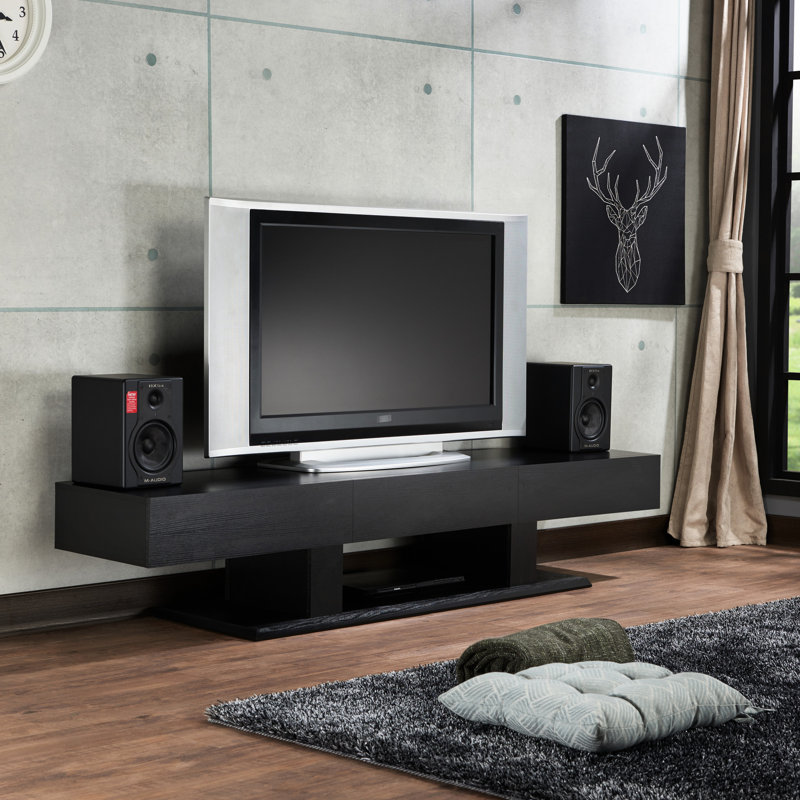 Meuble télé noir rectangulaire avec 3 tiroirs, pouvant accueillir des téléviseurs de 50 pouces, base en bois pour une installation soignée, 3 supports rectangulaires et spacieux