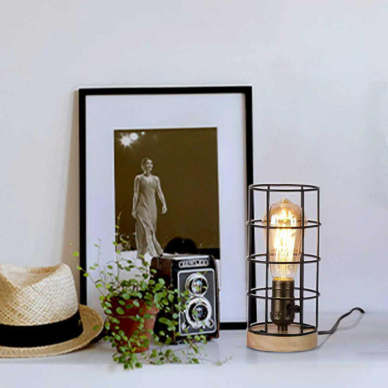 Industiral Table Lamp With Wood Base Small Desk Lamp For Living Room Bedroom Nightstand Lamp