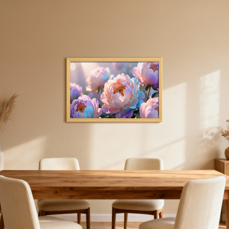 Plantes et fleurs pivoines pastel avec gouttes de rosée, H 16 po x l 24 po, Grain de bois clair