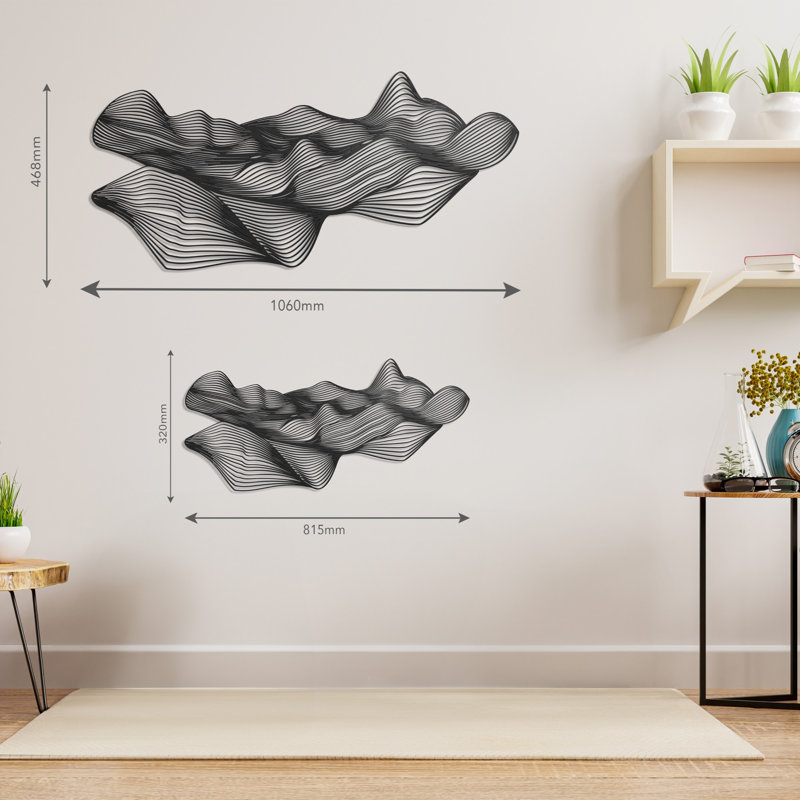 Sand Dunes, art mural en métal à motif abstrait de lignes fluides 3D (grand, noir), H 17,7 po x l 43 po x P 0,2 po, Noir