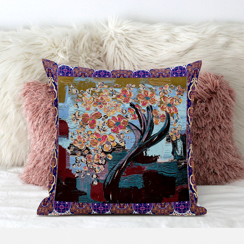Housse et insert de coussin carré en polyester intérieur / extérieur, 18 po x 18 po, Crème / Bleu / Brun