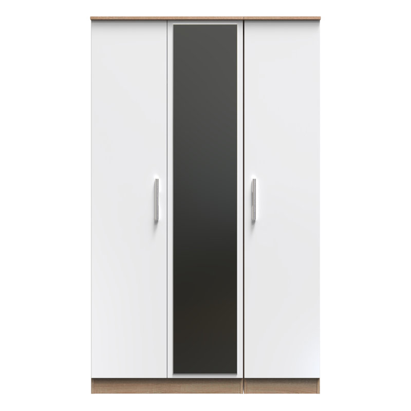 Fully Assembled Emrynn Contrast 2 Door Wardrobe, White Gloss Finish / Oak Wood Veneer