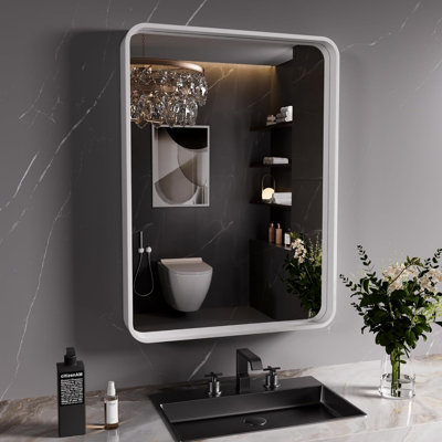 Miroir de salle de bain blanc 20 po x 30 po, miroir de salle de bain à cadre en métal blanc pour mur, miroir de salle de bain rectangulaire mat arrondi, verre trempé, antirouille, horizontal / vertical