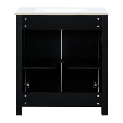 Meuble-lavabo rustique de 30 po avec lavabo en céramique, trou de trop-plein, tablette réglable, rangement flexible et mécanisme silencieux