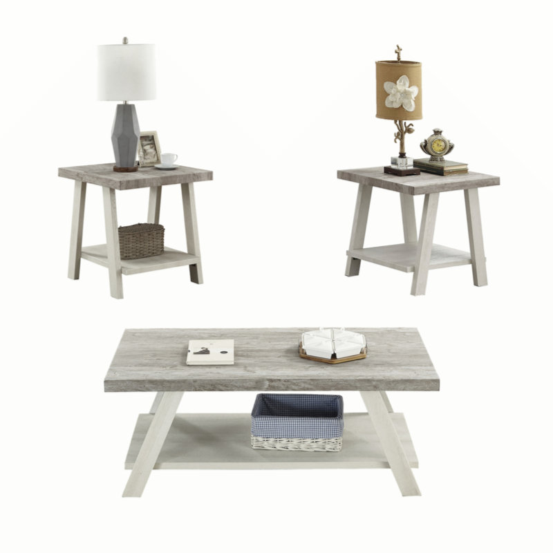 Tevis 3-Piece Wood Coffee Table with Shelf, White, Light Gray