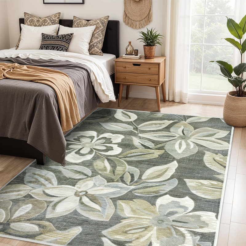 Nature Floral Non-Slip Machine Washable Modern Area Rug in Green/Cream for Living Room, Bedroom, Hallway Runner Indoor Rugs