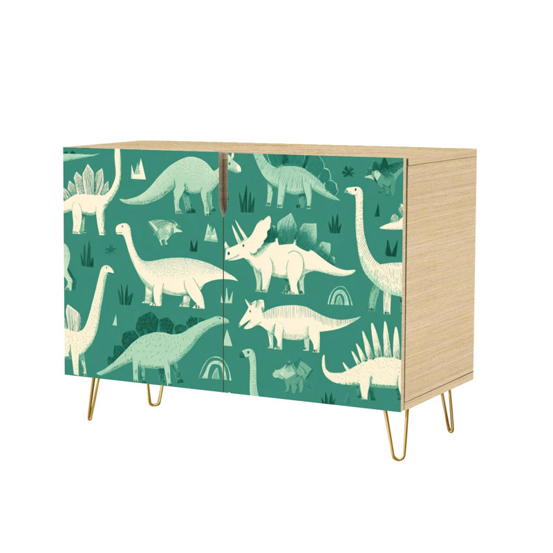 Buffet buffet avec rangement Imprimé de dinosaure mignon pour les enfants, dessin de dinosaure mignon Dino pastel avec 2 portes pour le salon et la cuisine