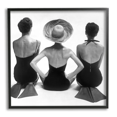Women Sitting Beach Monochrome Vintage Swimsuits Flippers  Black Framed Giclee Texturized Art by Graffitee Studios