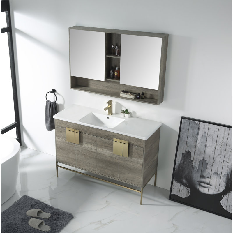 Maisie 48'' Single Bathroom Vanity with Ceramic Top, Satin Brass, Shadow Gray