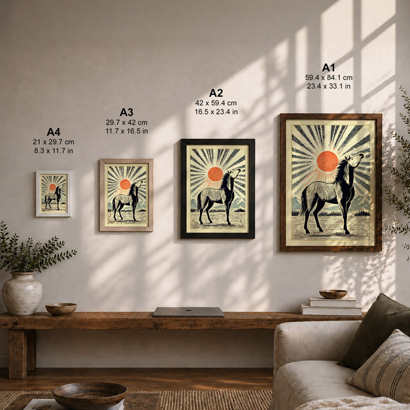Llama at Sunrise Japandi 1 Piece Single Picture Frame Wall Art, A3 - 42.0 x 29.7 cm, Oak