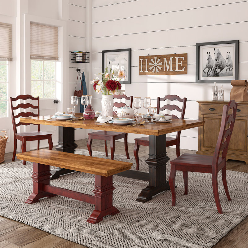 Greisofe 78" Solid Wood Oak Finish Top 6-Piece Dining Set With French Ladder Back Chairs And Bench, Red, Black