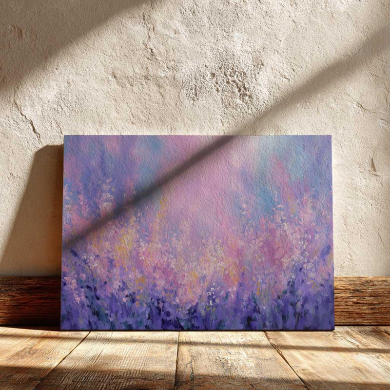 Art mural floral mauve, toile de fond lavande, reproduction de jardin lilas abstrait, peinture de fleurs sauvages pastel rêveuse - décor de printemps romantique doux