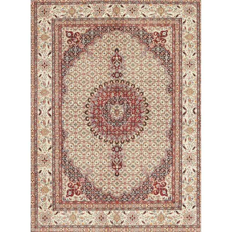 Tapis en laine beige / rouge, Rectangle 7 pi x 10 pi