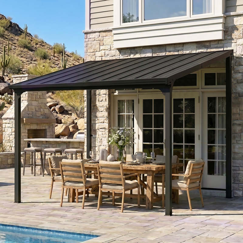 Belmont Lean To Outdoor Patio Gazebo With Steel Slope Roof,EROMMY Hardtop Wall Mounted Metal Frame Pavilion, 3m W x 3m D