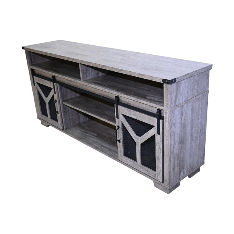Meuble télé 65,3 po avec porte grillagée en fer, éclairage à DEL et éléments en forme de Y, couleur gris antique, finition coulissante 60 69 pouces, ajustement
