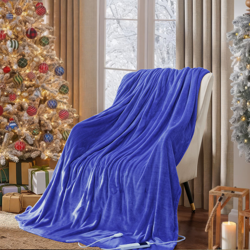 Ultra-Soft Flannel Electric Heated Throw Blanket with 10 Heat Settings & Extra-Long Cord, 50" W x 60" L, Blue