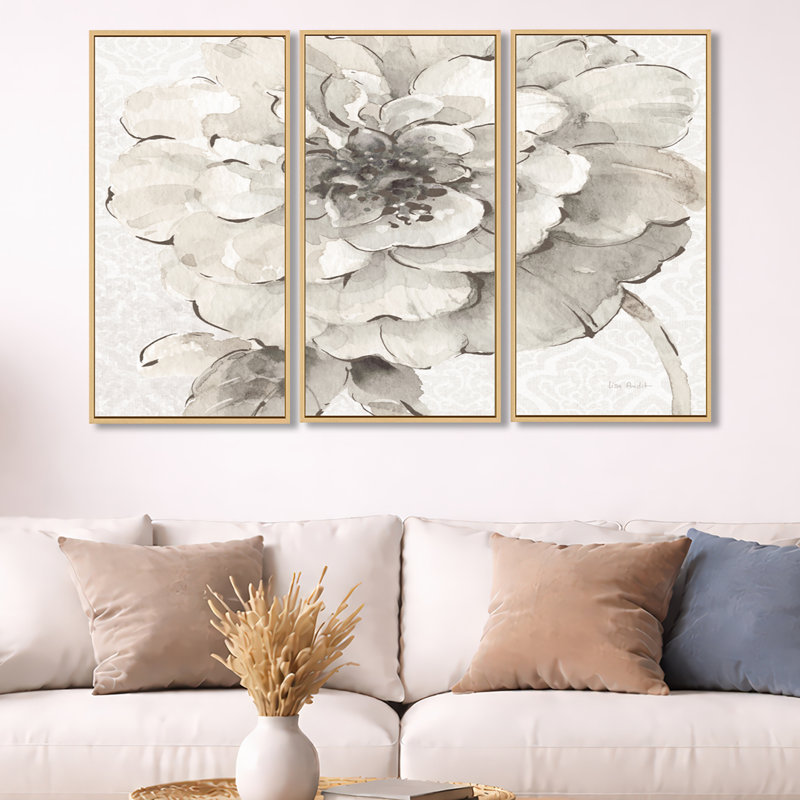Indigold Grey Pivoines I - ensemble d'art mural sur toile traditionnel encadré de 3