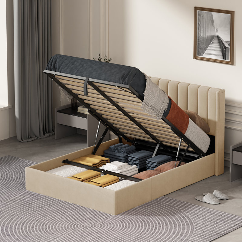 Daizia Lift Up Storage Platform Bed with Wingback Headboard, Full, Pale Gold