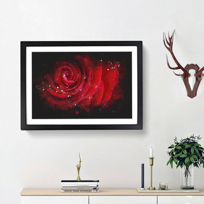 Dewdrops Upon A Red Rose Paint Splash - Framed Print, 33cm H x 45cm W x 2cm D, Black Framed