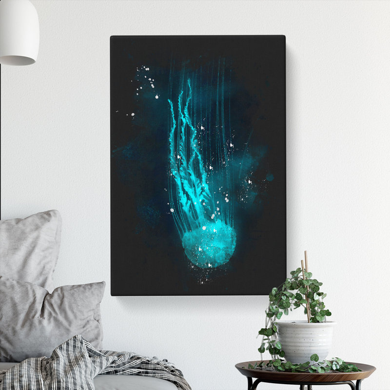Neon Blue Jellyfish Abstract - Wrapped Canvas, 76cm H x 50cm W x 3cm D