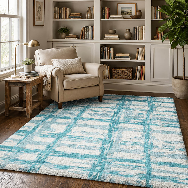 Tapis à rayures Dream Shag ADS745 lavable à la machine de qualité supérieure, Teal, 8' x 10'