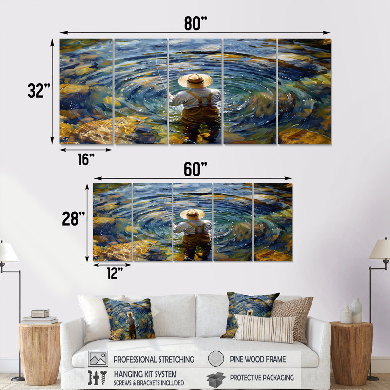 River Trout Fishing In The Mountains I - Hunting & Fishing Wall Art Set, 28" H x 60" W