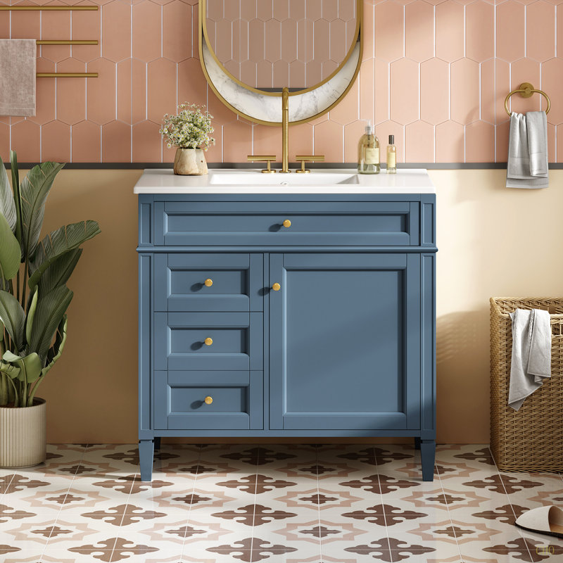 Meuble-lavabo de 36 po avec lavabo supérieur, meuble-lavabo moderne avec 2 tiroirs et tiroir escamotable, meuble-lavabo simple