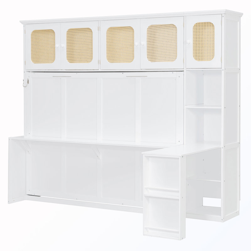 Lit escamotable double avec bureau et armoires, Blanc
