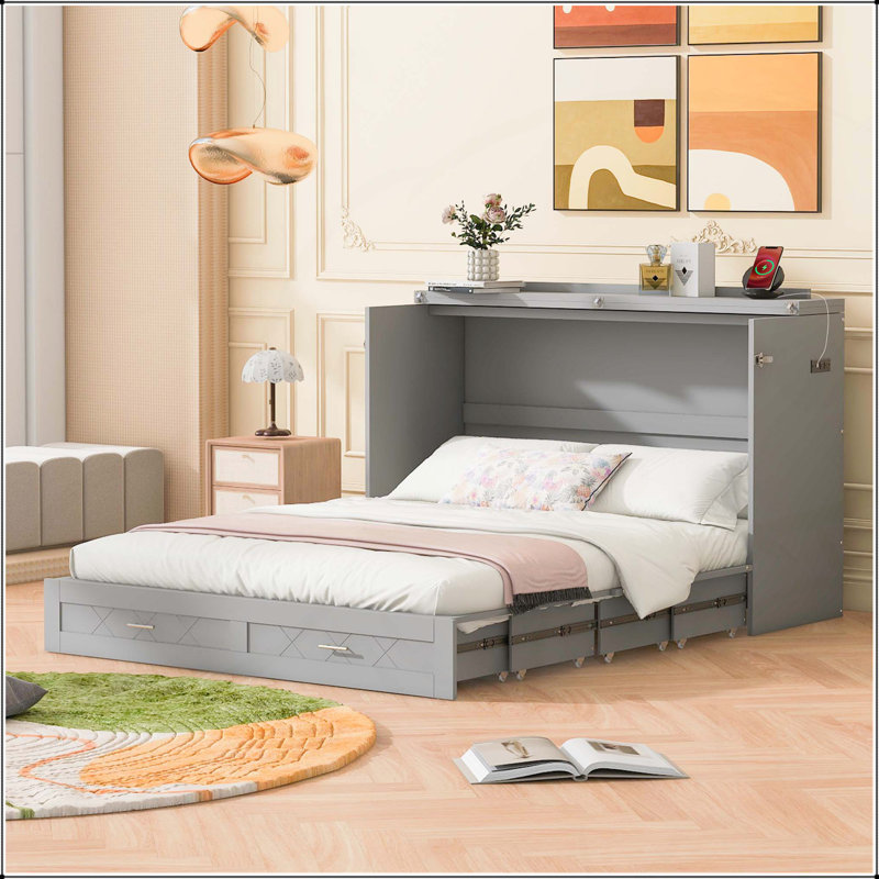 Lit escamotable double pleine grandeur avec tiroir et ensemble de prises et ports USB