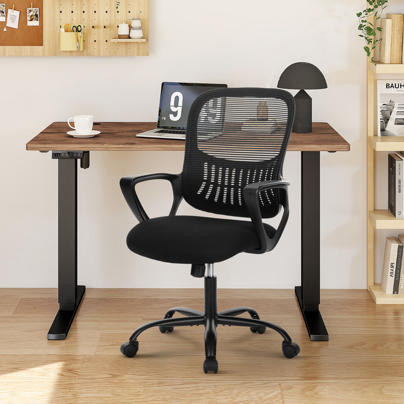 Home Office Desk and Chair Set, Modern Adjustable Standing Desk with Mesh Ergonomic Chair, Rustic Brown/Black