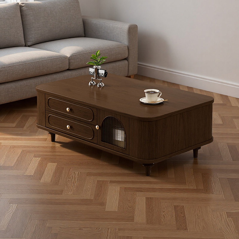 Minimalist attached drawer Coffee Table, Dark Brown, 17.32" H x 55.11" W x 23.62" D, Dark Brown
