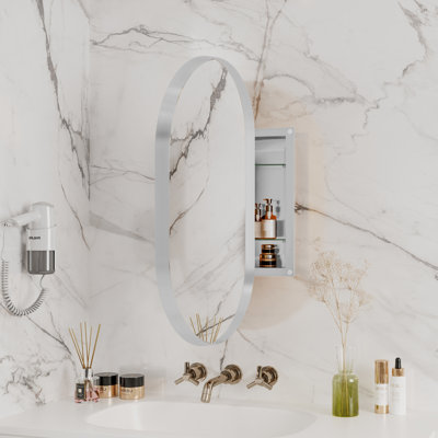 Armoire à pharmacie encastrée ovale 20 po x 34 po, armoire de salle de bain murale en métal avec miroir et tablettes réglables, miroir mural avec rangement pour salle de bain, blanc