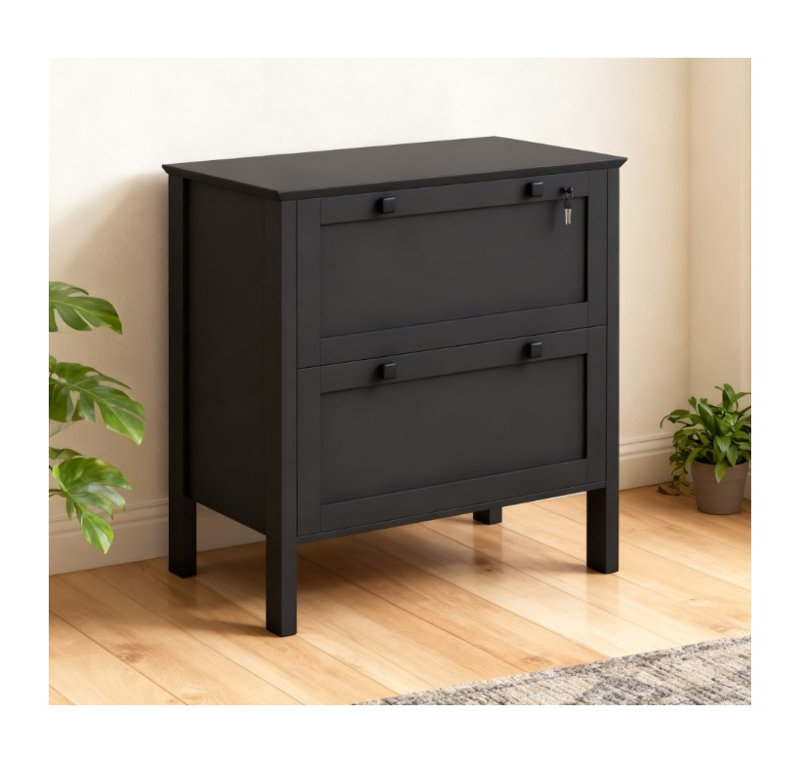 Classeur latéral à 2 tiroirs avec barre de suspension réglable, rangement de bureau en panneau de particules noir