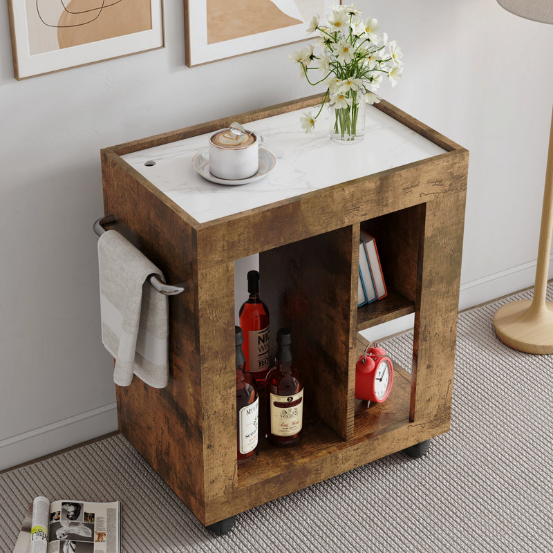 Armoire latérale mobile de style Mid-Century moderne pour canapé, casier de rangement de chariot brun domestique et tablette pour le salon.