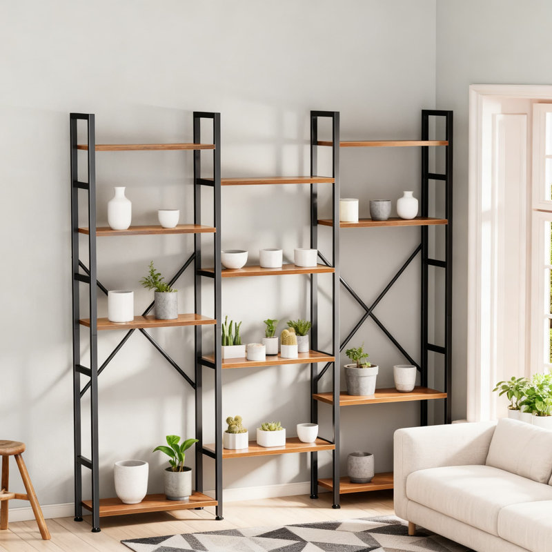 5-Tier Ladder Bookshelf With 14 Adjustable Shelves, Wide Storage Bookcase For Home Office, Durable, Brown