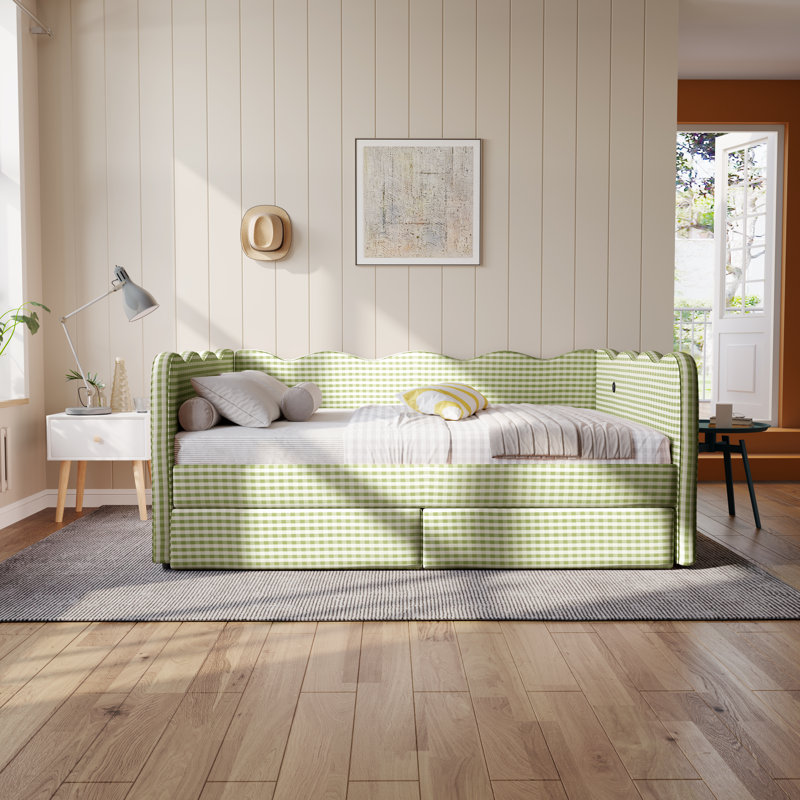 Lit de jour Gingham avec 2 tiroirs de rangement et port USB, forme ondulée, Grand lit, Vert