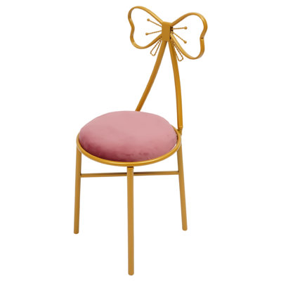 Vanity Chair Metal Legs Gold Dining Chair Cute Makeup Chair with Butterfly Backrest&Pink Flannel Cushion Vanity Stool  for Bedroom Dining Room Living Room (Deep Pink)