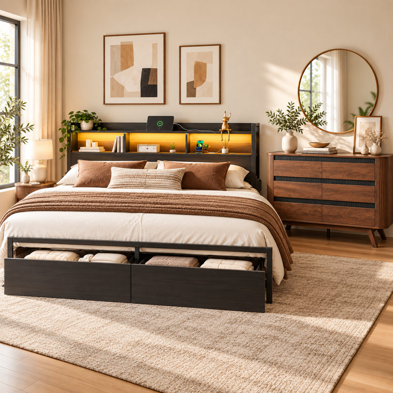 Ensemble de chambre à coucher 2 pièces comprenant un lit plateforme de rangement pleine grandeur et une commode à 6 tiroirs, une tête de lit à DEL, une station de recharge et des tiroirs sous le lit.