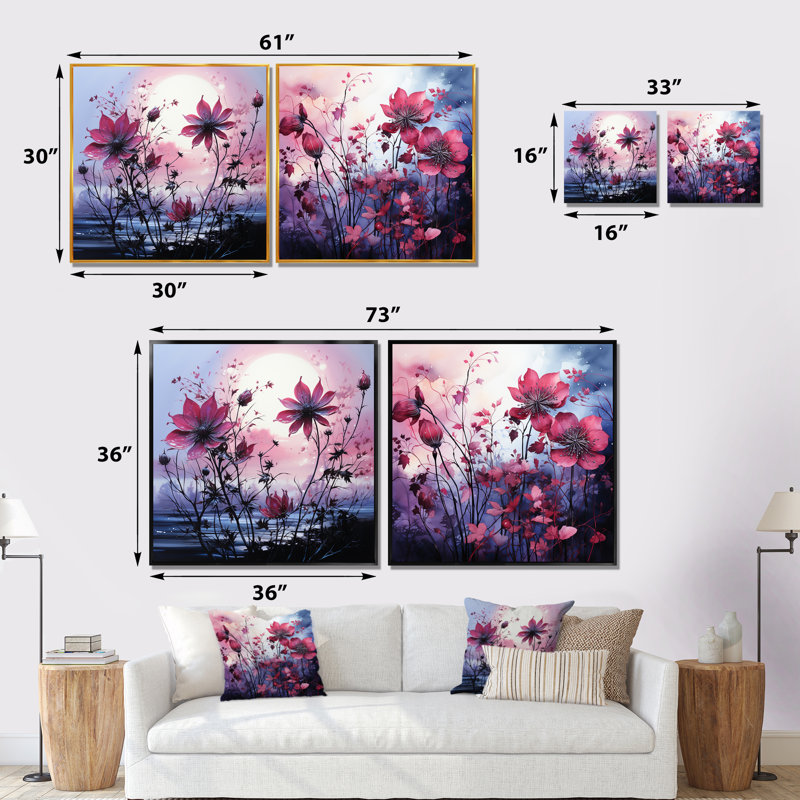 «Blue and Pink Twilight Poppies Glowing Meadow I», ensemble de 2 impressions sur toile coquelicots, Cadre flottant doré