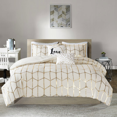Édredon géométrique métallique double / grand - doré, tissu, 2 taies décoratives, coussins décoratifs, literie vapeur et look contemporain, doux, rembourré, édredon, brodé à basse température