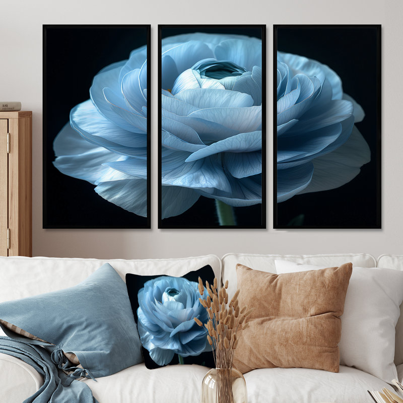 Mono, bleu, noir, renoncules congelés, reproduction d'art mural, Toile avec cadre flottant noir, H 40 po x l 60 po x P 1 po