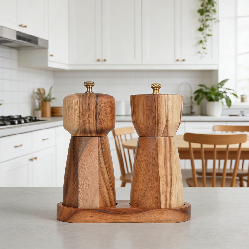 Ensemble de moulins à sel et à poivre en bois d'acacia avec plateau, moulins à céramique et en acier inoxydable réglables pour épices fraîches moulues, table de cuisine élégante essentielle