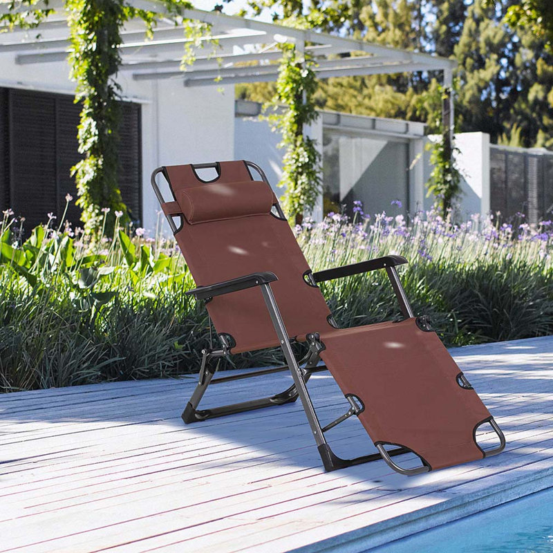 Chaise longue pliante pour l'extérieur, chaise de bronzage 2 en 1 avec coussin et poche, chaise de piscine réglable, Brun