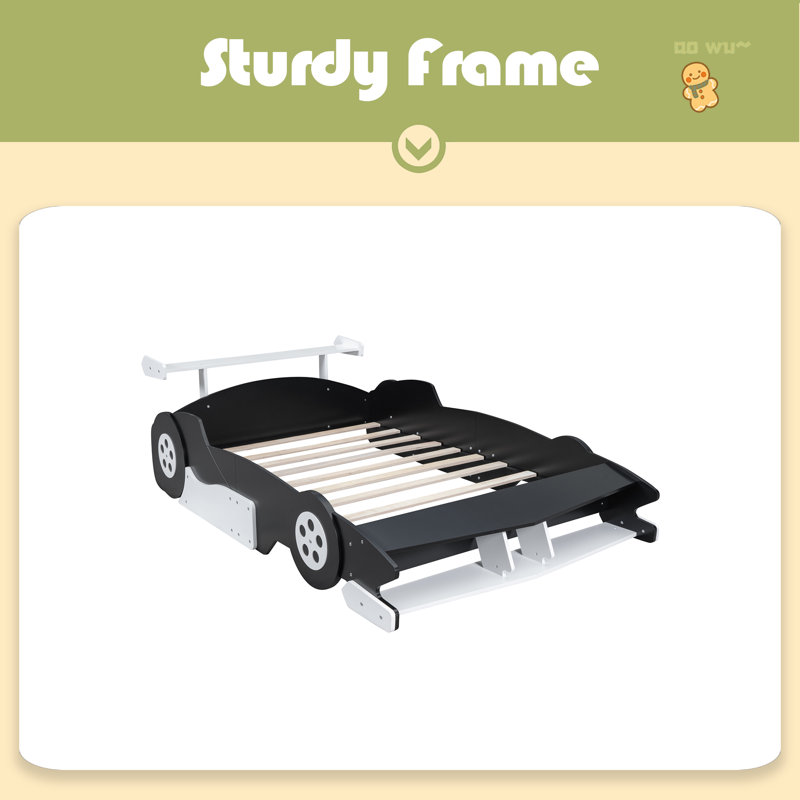 Full Size Race Car-Shaped Platform Bed With Wheels, Black