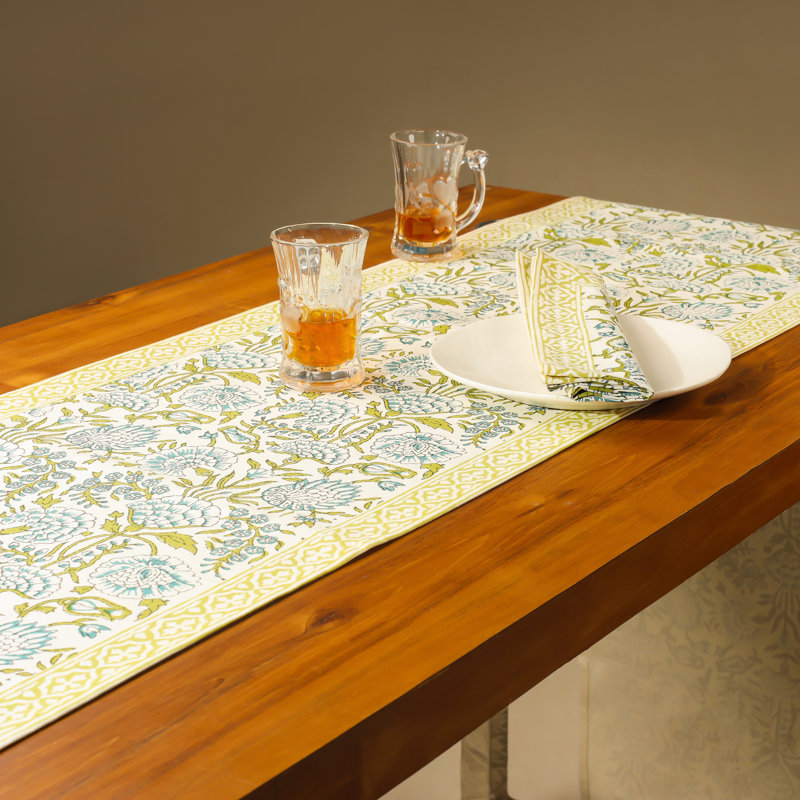 Fresh Foliage Block Print Cotton Table Runner, Light Green