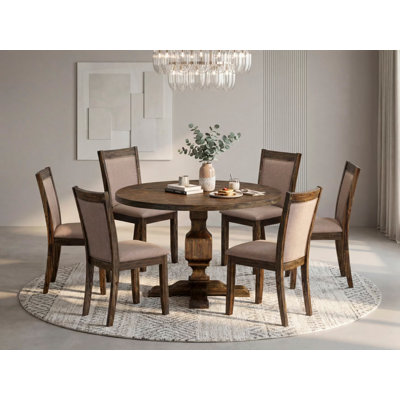 Ensemble de table de salle à manger 7 pièces composé d'une table de salle à manger ronde avec piédestal et 6 chaises parsons en tissu kaki foncé